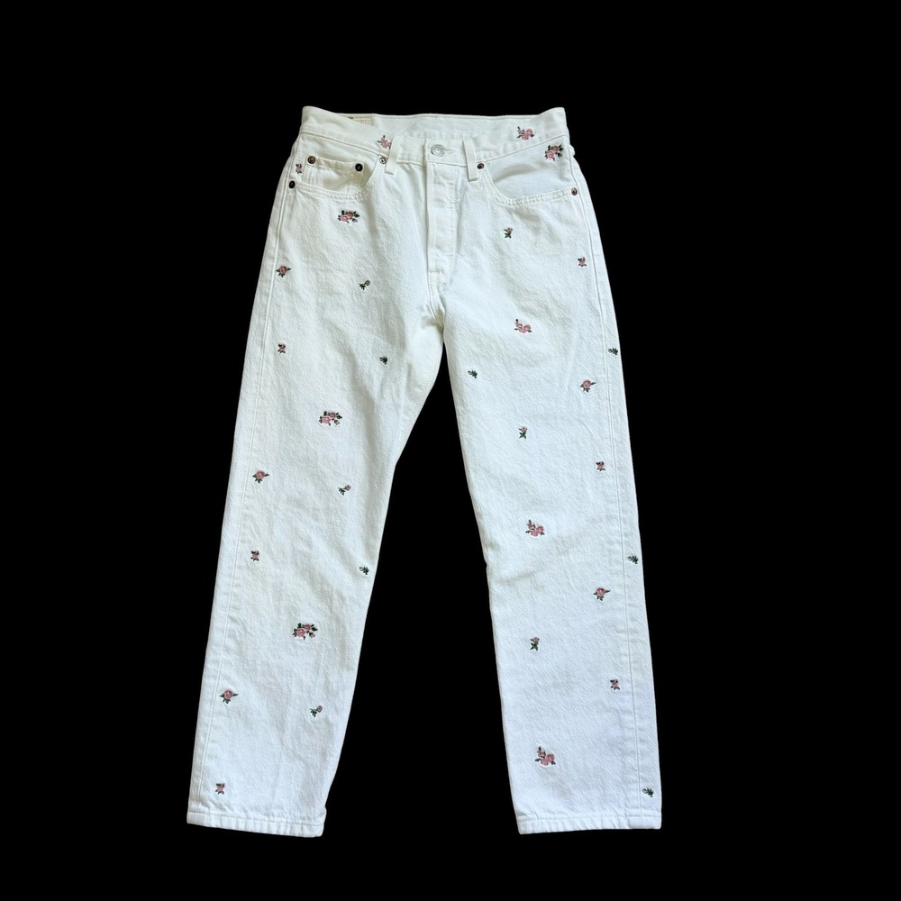 Levis 501 Original Fit Big E Floral Rose Embroidered Jeans W26 L25